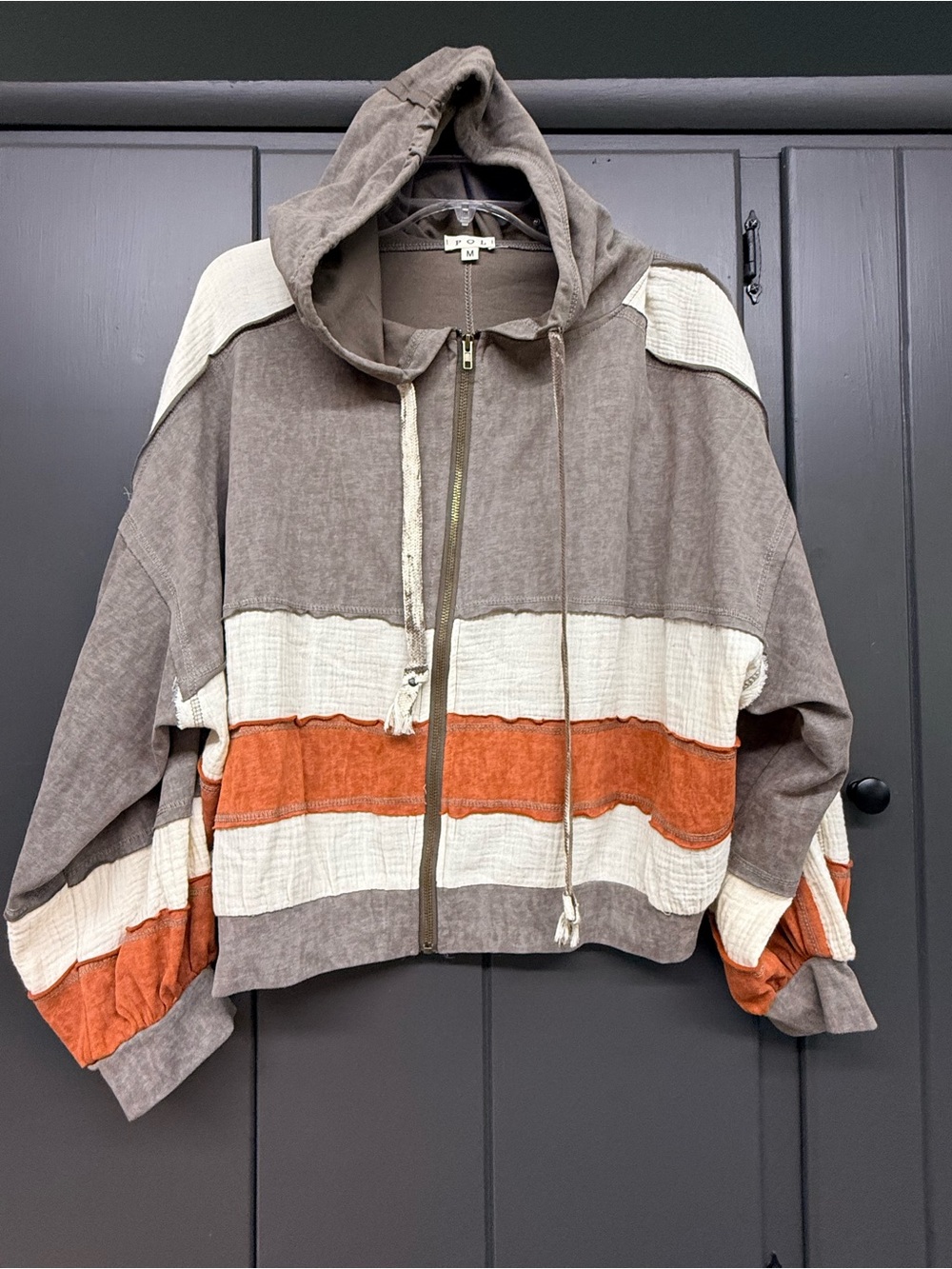 POL Hooded Zip Jacket in Brown, Cream & Orange Stripe